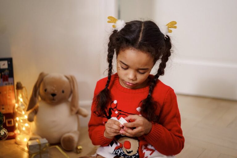 Girl in Red Sweater Holding Brown Bear Plush Toy