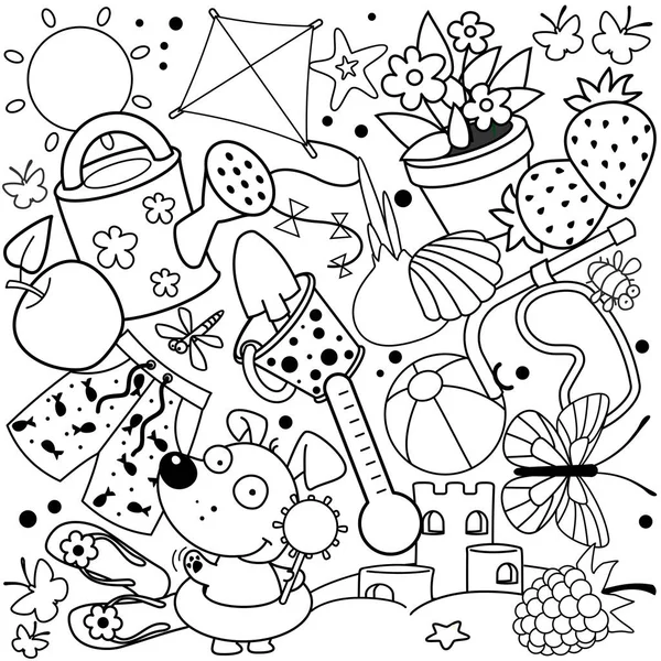 Beautiful Black White Outline Summer Illustrations Set Subjects Summer Theme Stock Vector