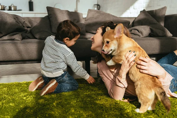 Woman Her Little Son Playing Adorable Welsh Corgi Pembroke Floor  Stock Photo, Image