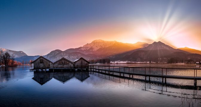 Boathouses on the Kochelsee, Bavaria, Germany