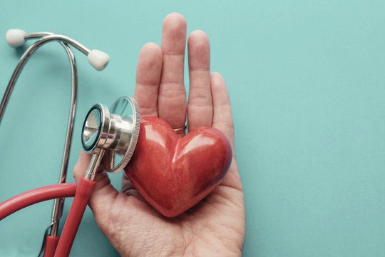 Red heart on hand with stethoscope, heart health, health insurance concept, World heart day, world