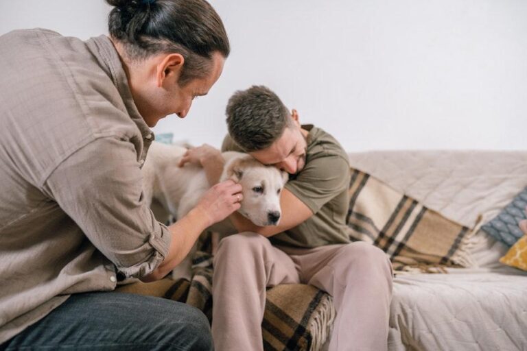 a man and his dog are sitting on a couch - A Man Hugging a Dog Near His Friend