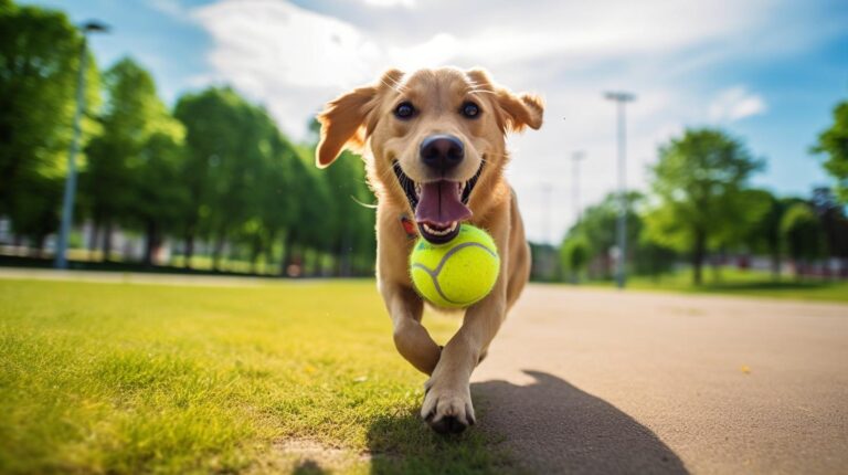 An image of a Labrador Golden Retriever Mix playing in a park with a tennis ball in its mouth and a